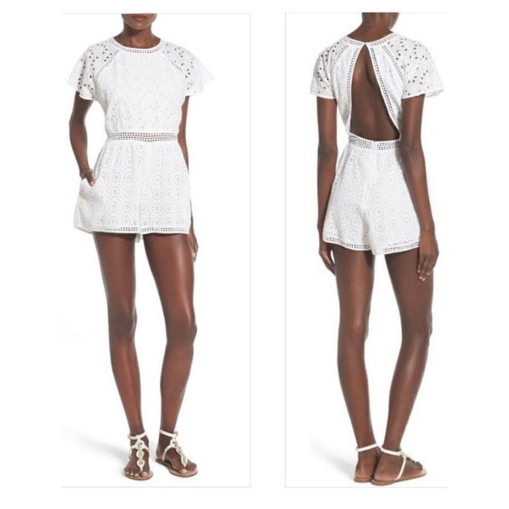 Tularosa‎ Revolve Milk white eyelet lace cutout back Brynn romper sz Small